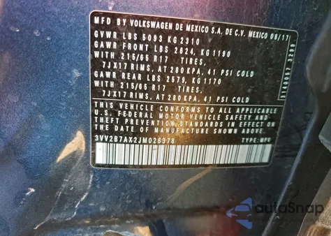 2018 Volkswagen Tiguan Se z USA, uszkodzony, nr VIN 3VV2B7AX2JM026378